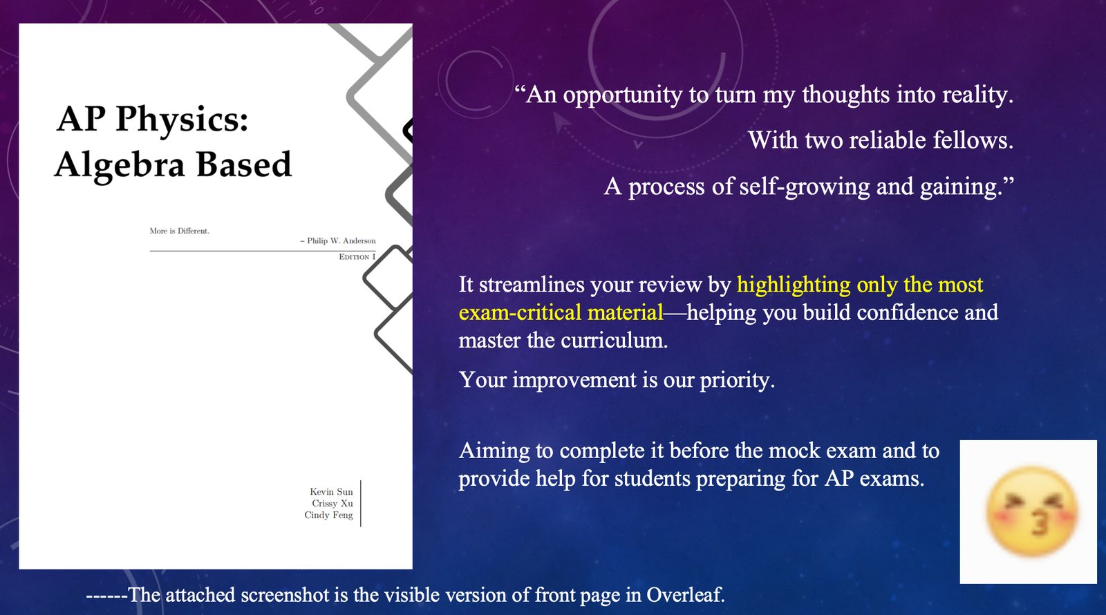 Cover of the AP Physics: Algebra Based study guide, credited to Kevin Sun, Crissy Xu and Cindy Feng