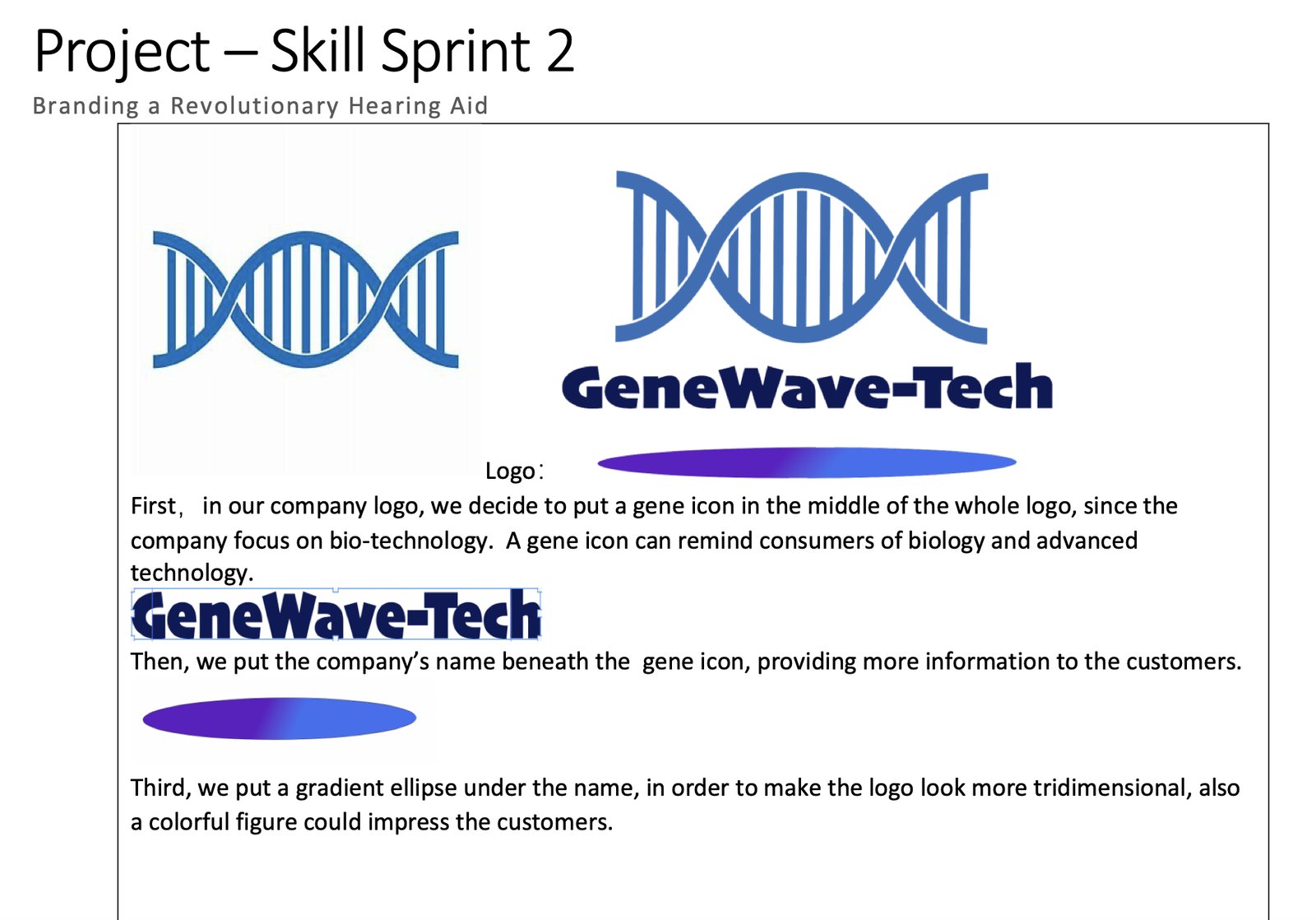 Brand identity board for GeneWave-Tech with a gene-shaped logo
