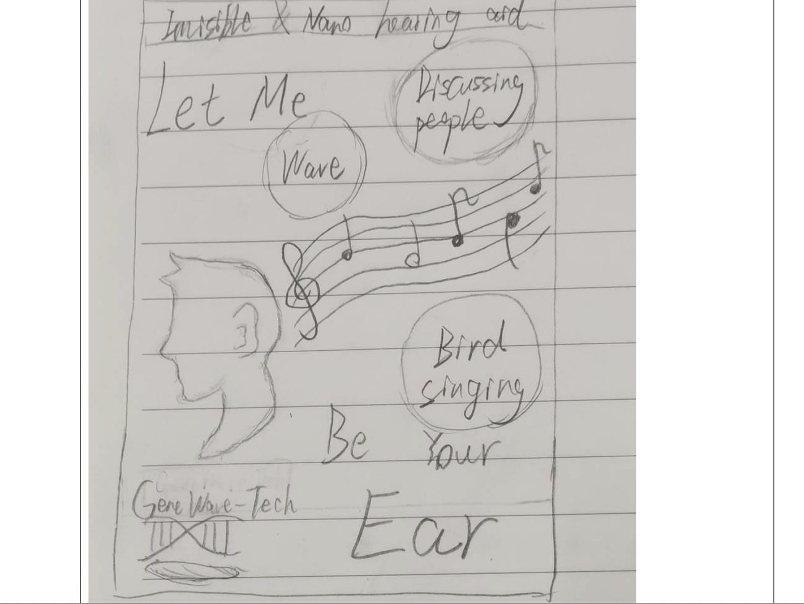Handwritten concept notes reading invisible and magic hearing aid, let me choose the music, birds singing, be your ears