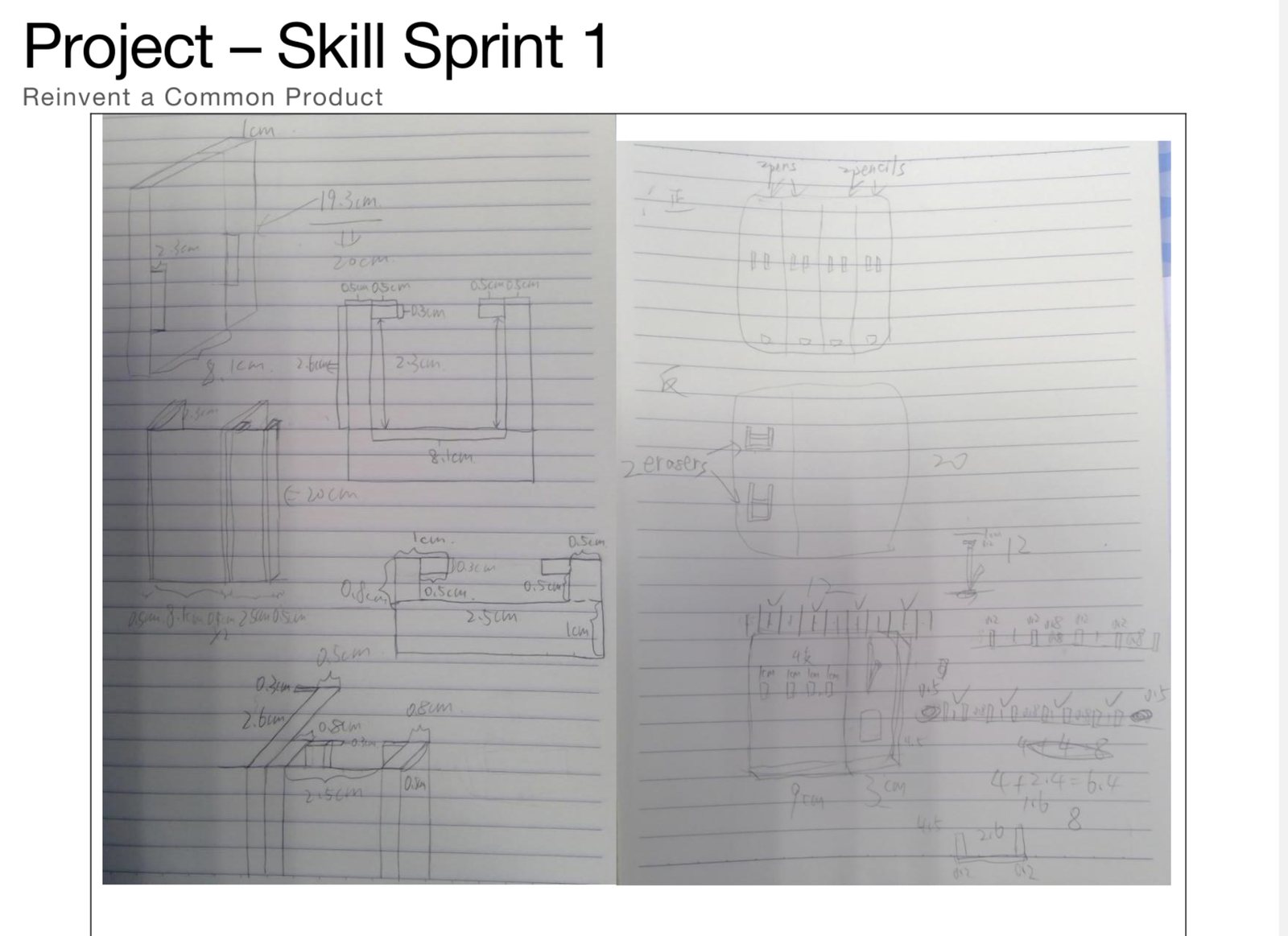 Hand-drawn first draft of the pencil case layout